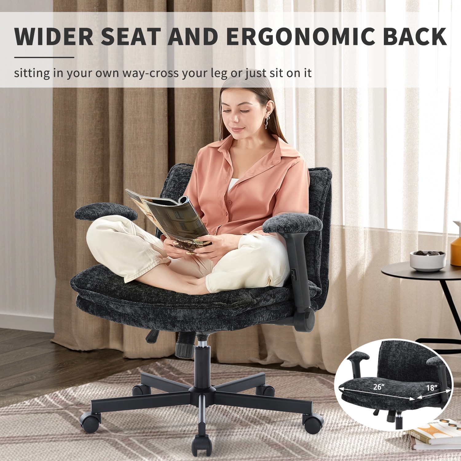 FanciSpot Cross Legged Office Chair, Height Adjustable Swivel Desk Chair With Flip-Up Arms, Padded Criss Cross Chair For Home Office & Bedroom_maomaolike.com